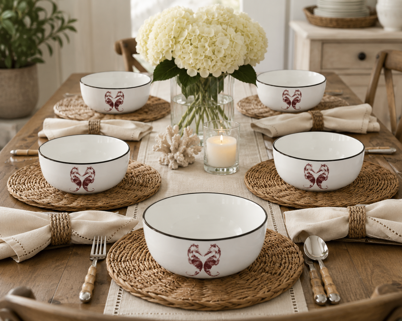 Set of 6 Seahorse Porcelain Bowls | Coastal Dining Collection