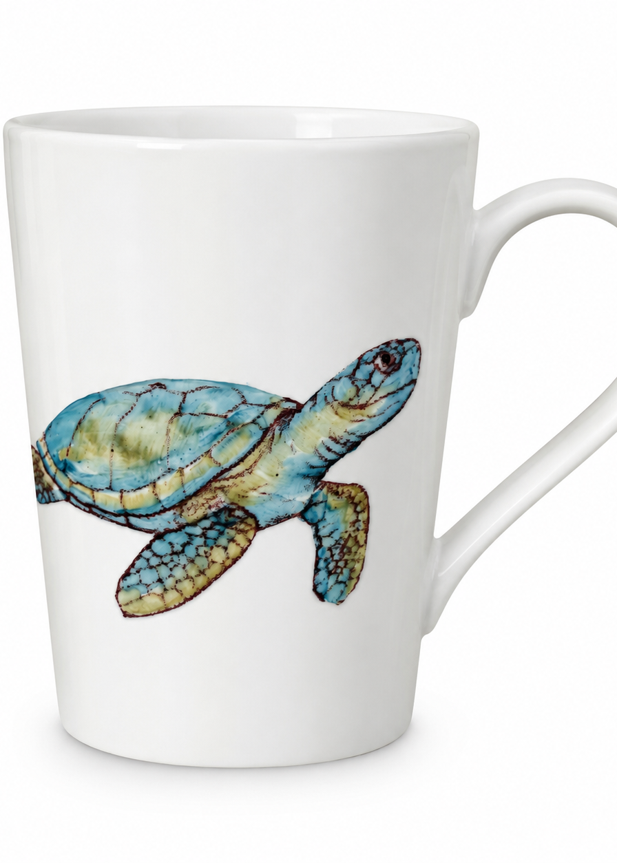 Hand-Painted Sea Turtle Porcelain Latte Mug | Coastal Coffee Cup