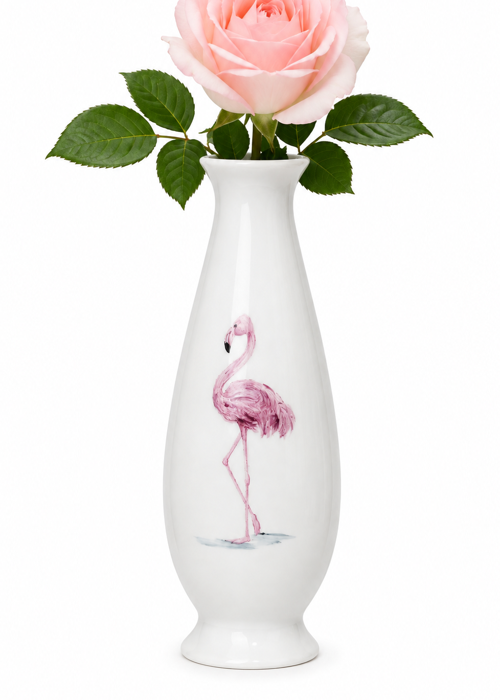 Hand-Painted Flamingo Porcelain Bud Vase with Blush Rose