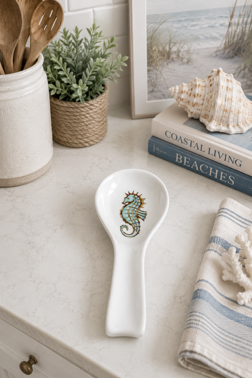 Coastal Seahorse Hand-Painted Porcelain Spoon Rest