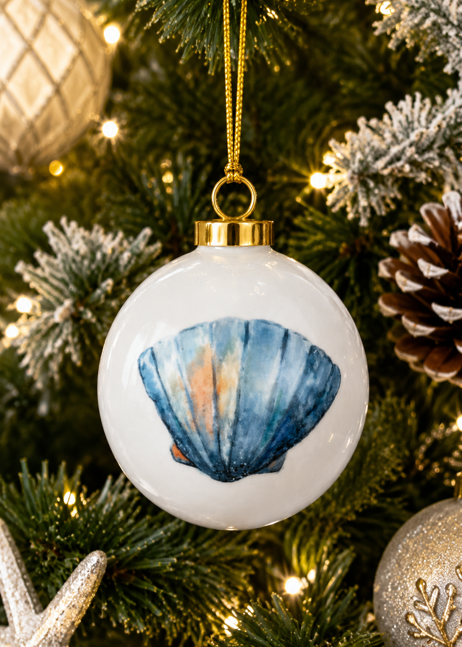 Hand-Painted Blue Seashell Porcelain Ornament