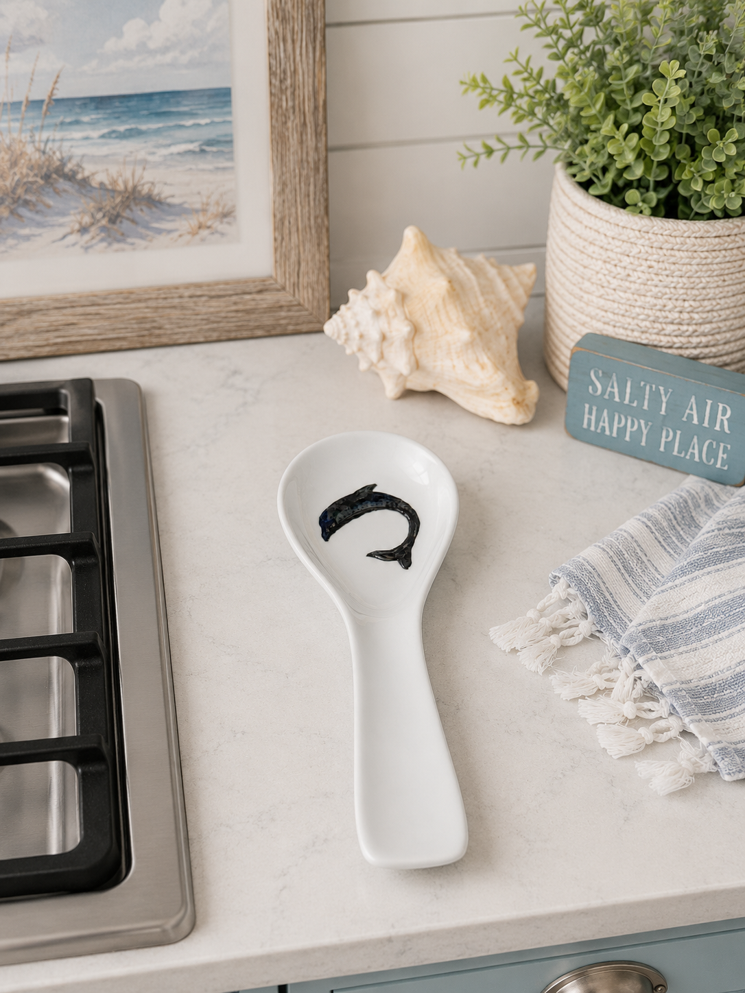 Hand-Painted Dolphin Porcelain Spoon Rest – Coastal Kitchen Accent