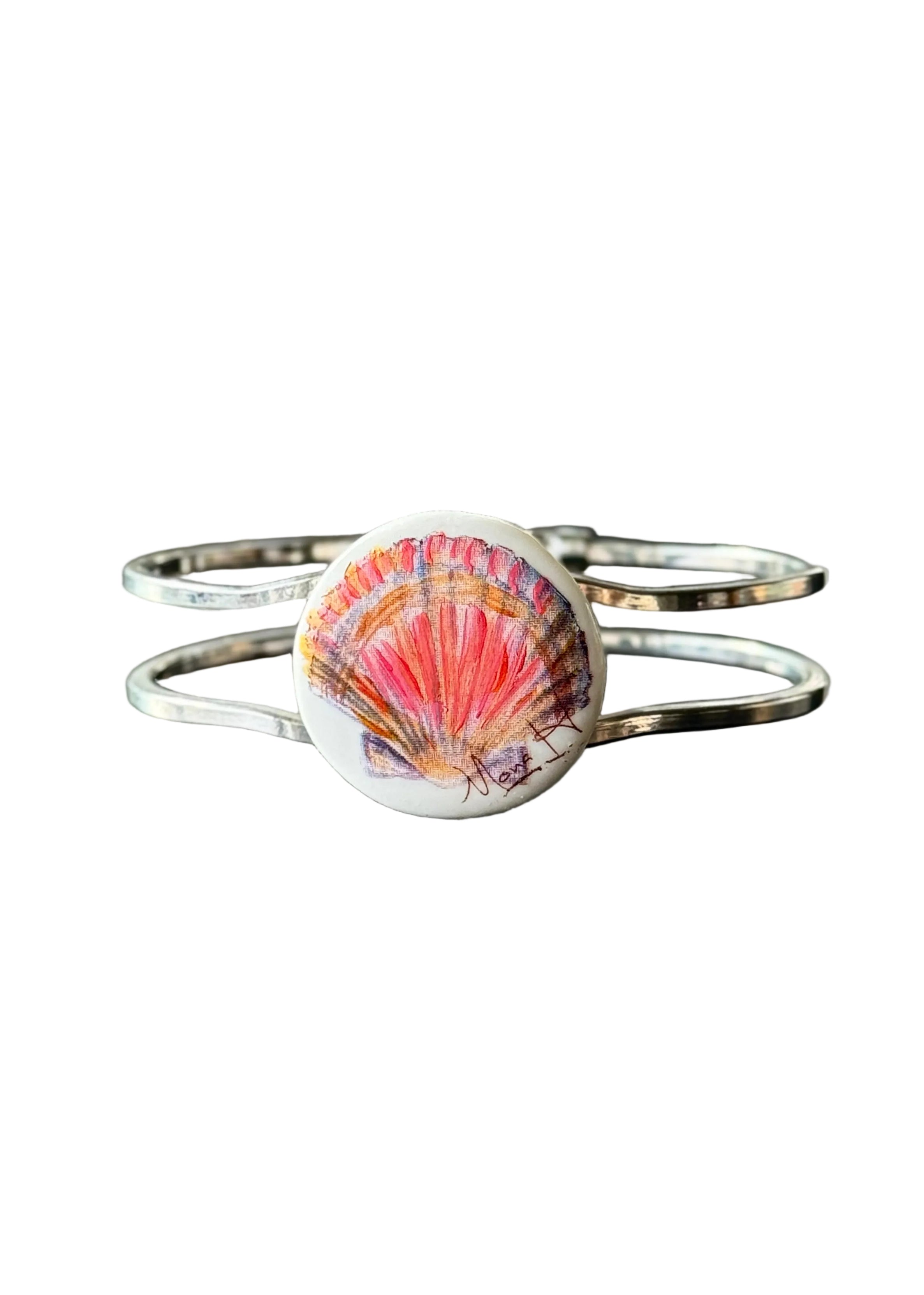 Seashell Porcelain Pendant Silver Cuff Bracelet
