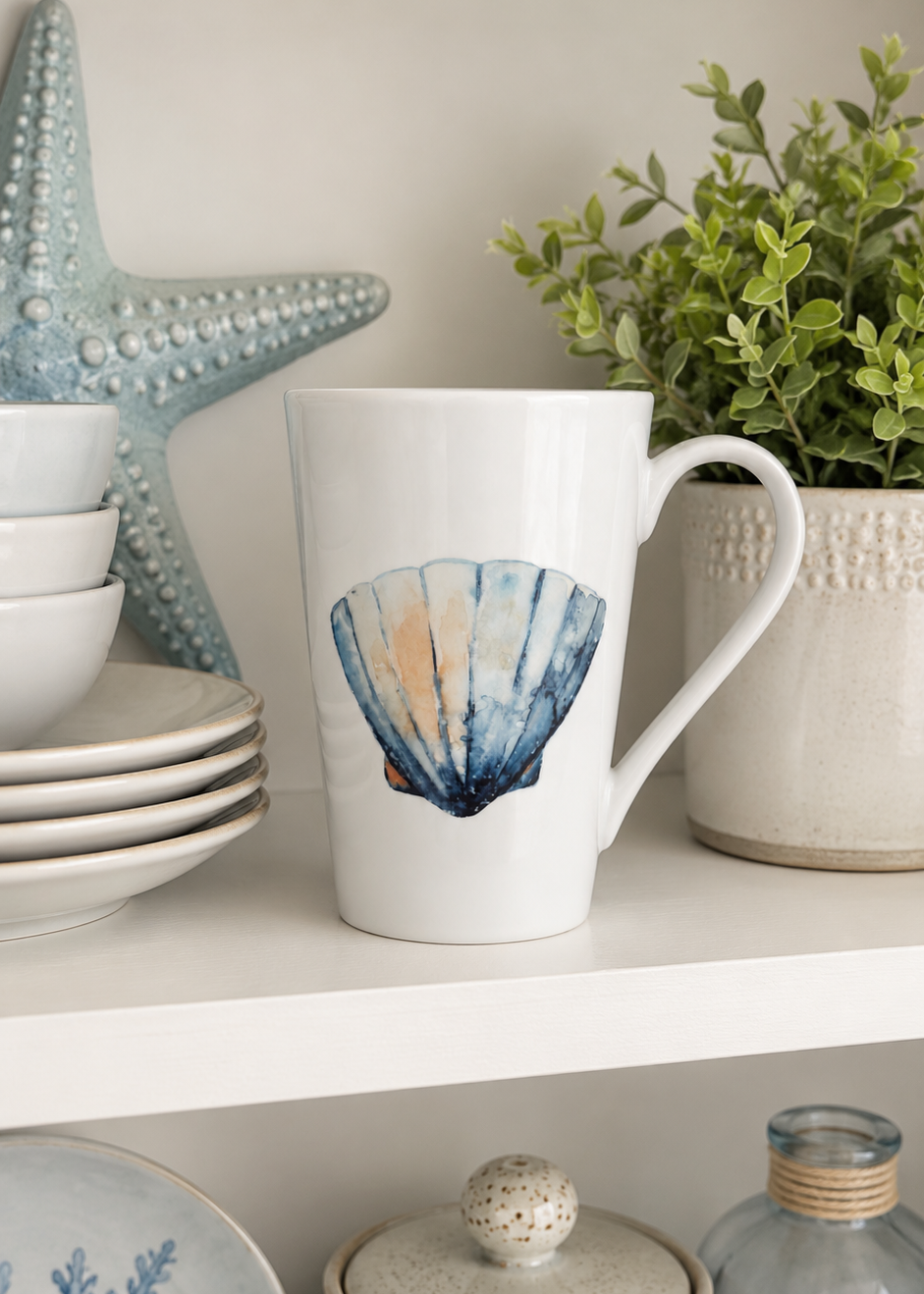 Hand-Painted Coastal Seashell Porcelain Mug