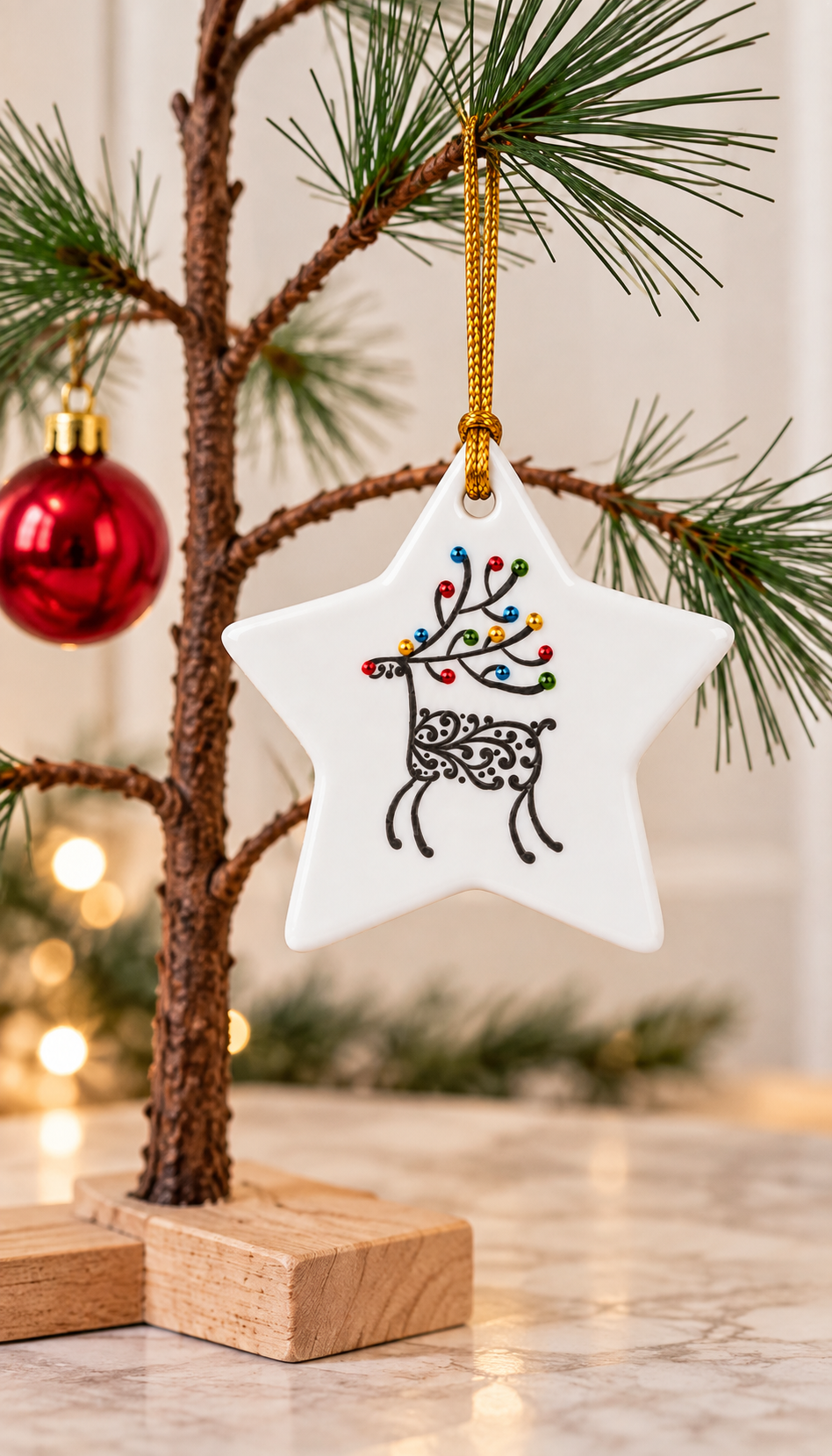 Jeweled Reindeer Porcelain Star Christmas Ornament-Hand Painted
