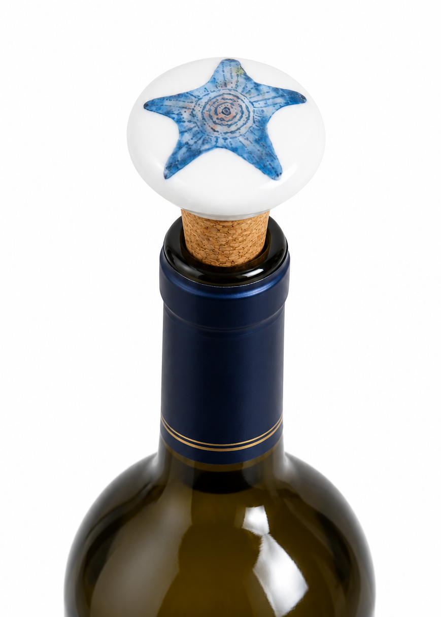 Blue Starfish Porcelain Wine Stopper | Coastal Bottle Stopper | Beach House Gift