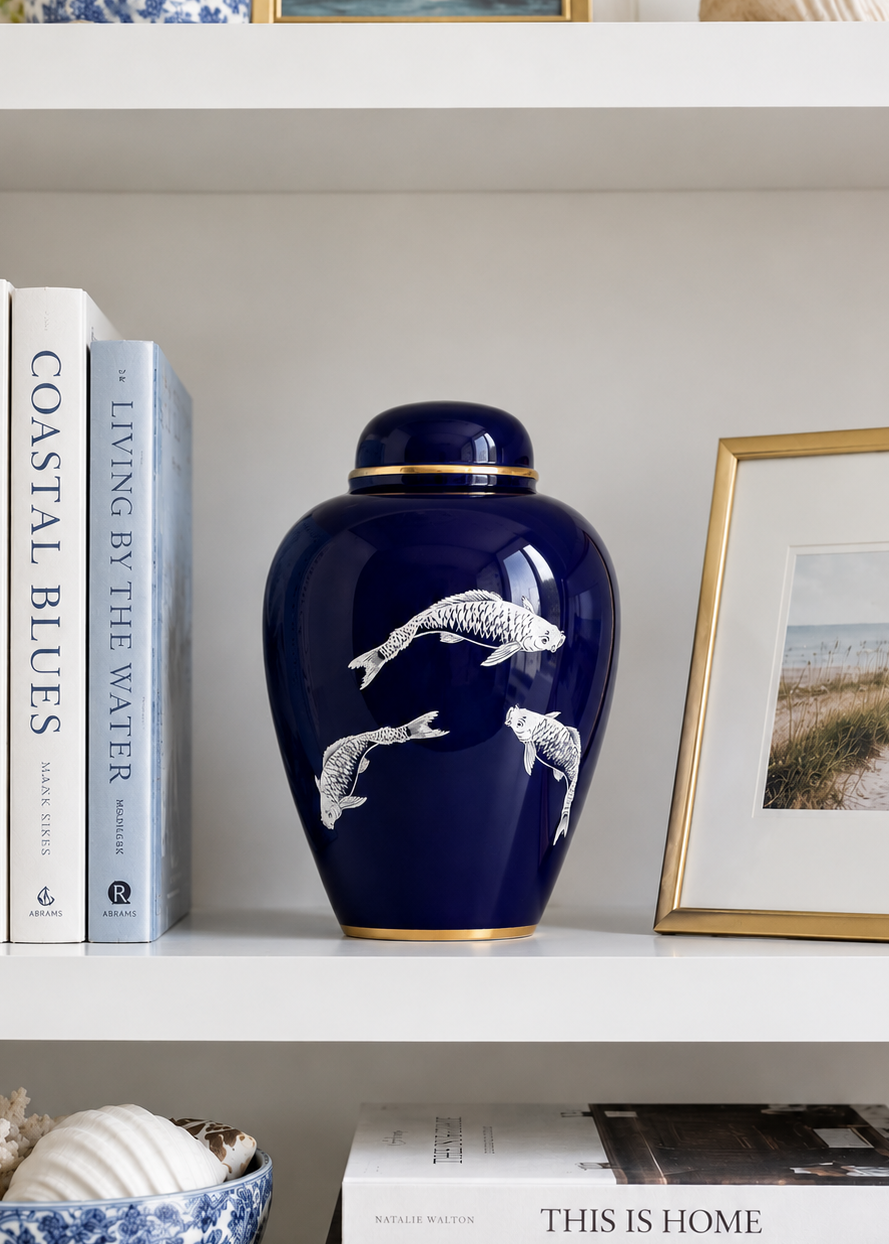 Blue Koi Porcelain Vase | Elegant Coastal Ceramic Flower Vase