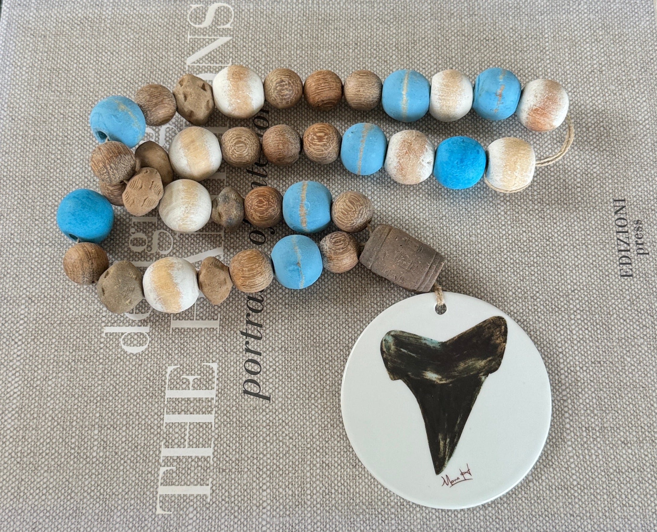 Hand Painted Shark Tooth on a Porcelain Disk Beaded Tabletop Anchor