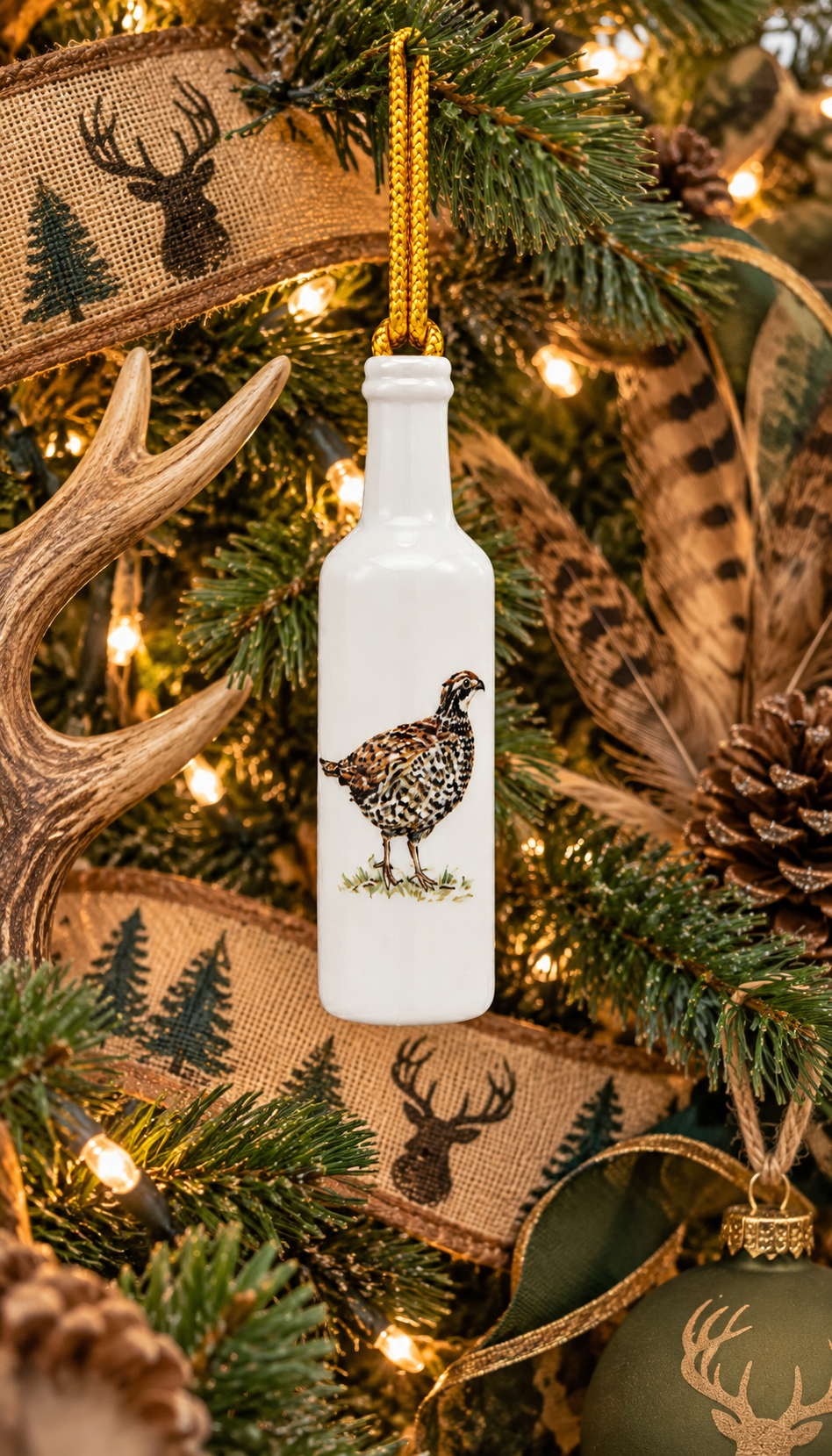 White Porcelain 3.25" Wine Bottle Ornament Pheasant