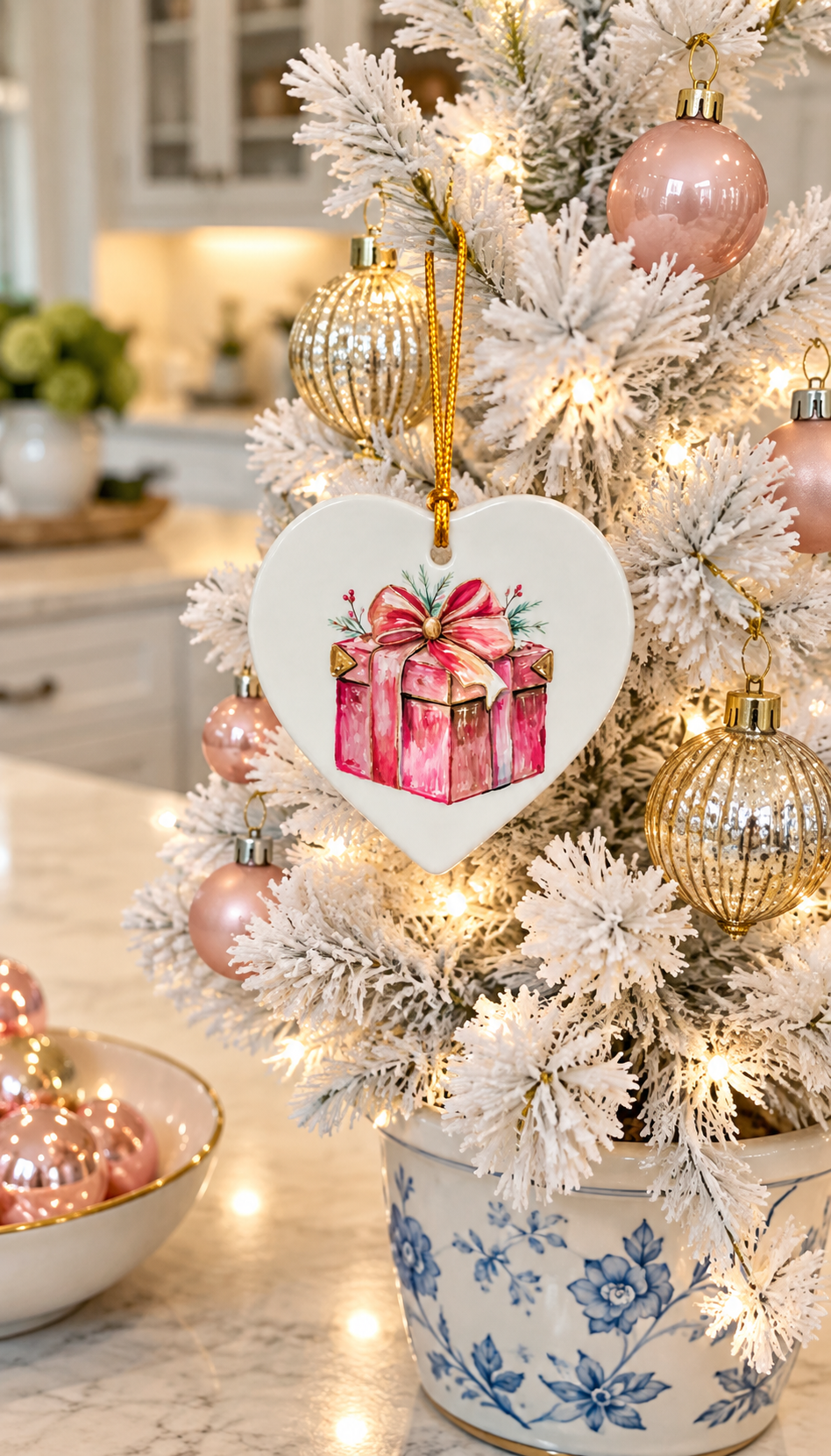 Hand-Painted Pink Christmas Gift Porcelain Heart Ornament