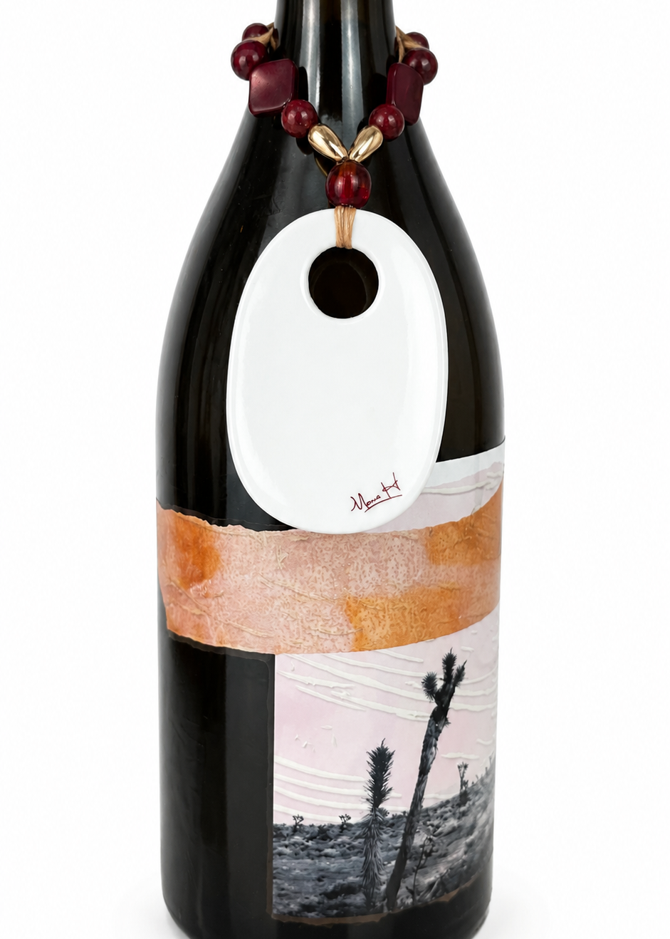 Hand-Painted Garnet & Gold Porcelain Seminole Bottle Tag