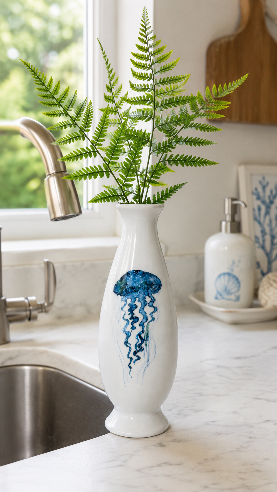 Hand-Painted Blue Jellyfish Porcelain Bud Vase