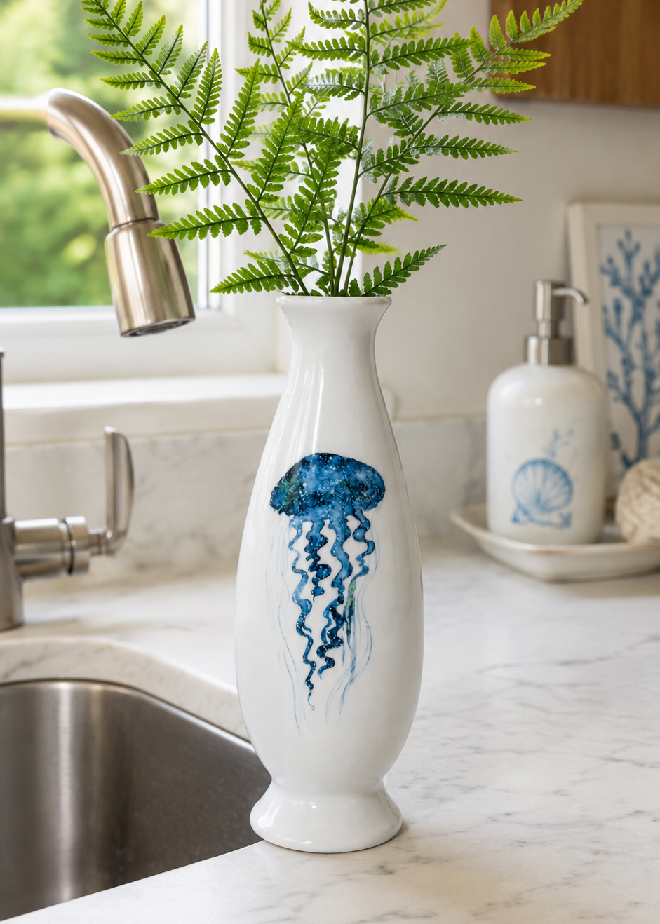 Hand-Painted Blue Jellyfish Porcelain Bud Vase