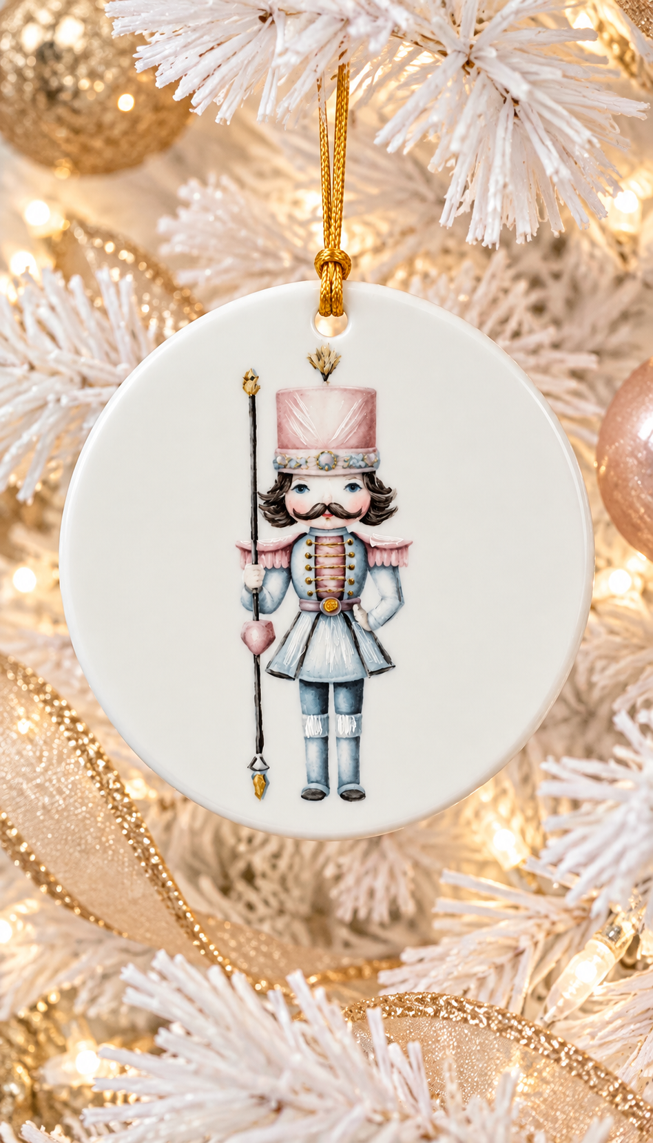 Hand-Painted Pink & Blue Nutcracker Porcelain Christmas Ornament