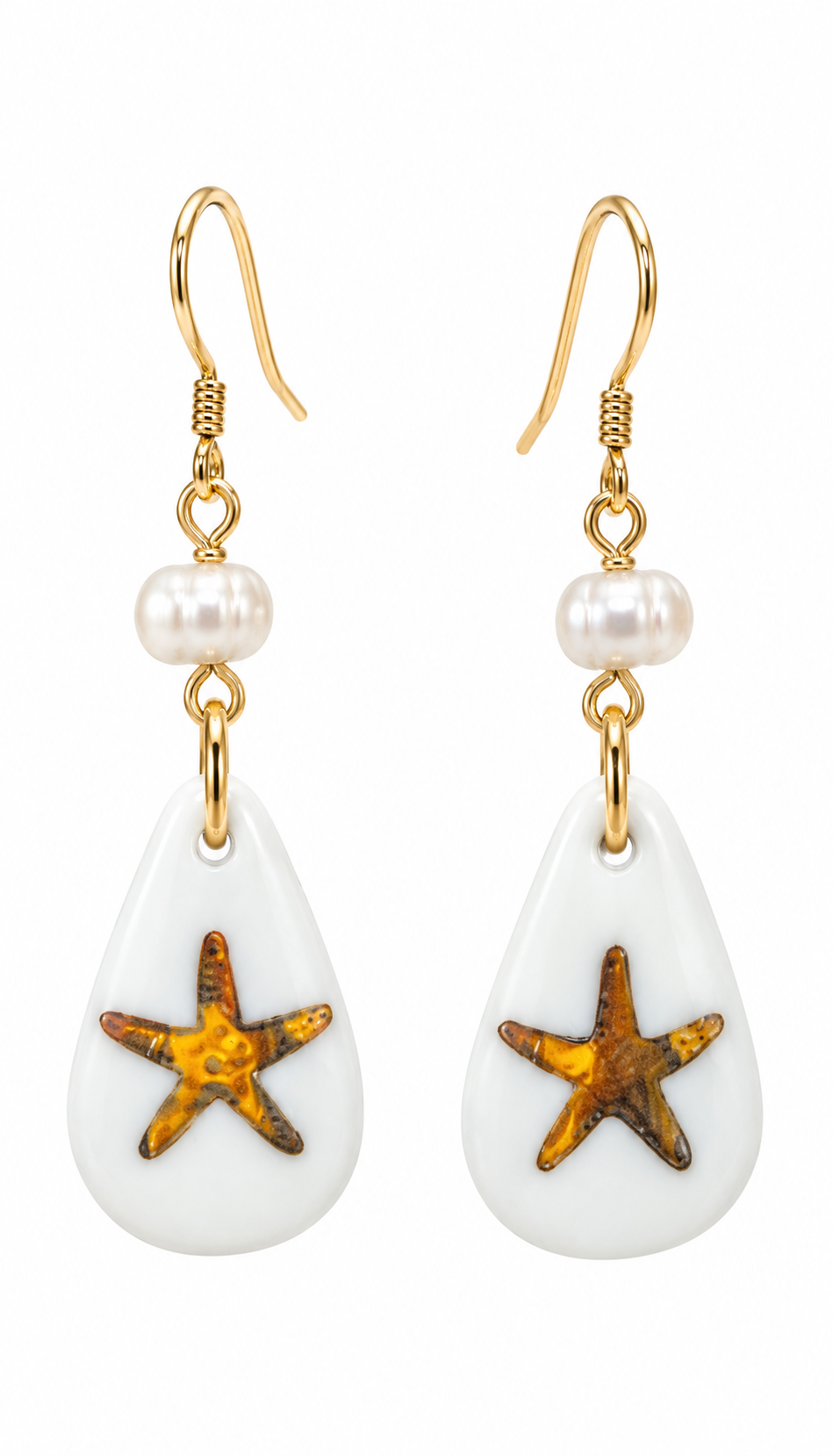 Hand-Painted Porcelain Starfish & Pearl Earrings