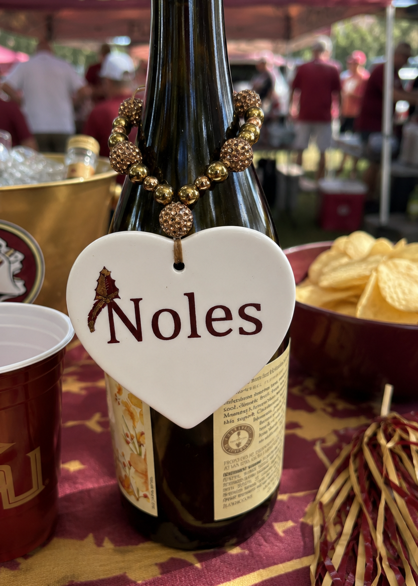 Florida State “Noles” Heart Porcelain Wine Bottle Tag – Tailgate Party Decor by MadebyMonaH