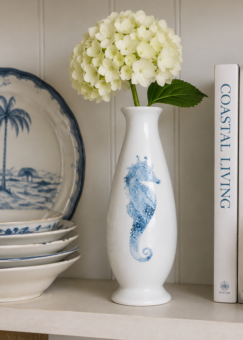 Blue Seahorse Porcelain Bud Vase