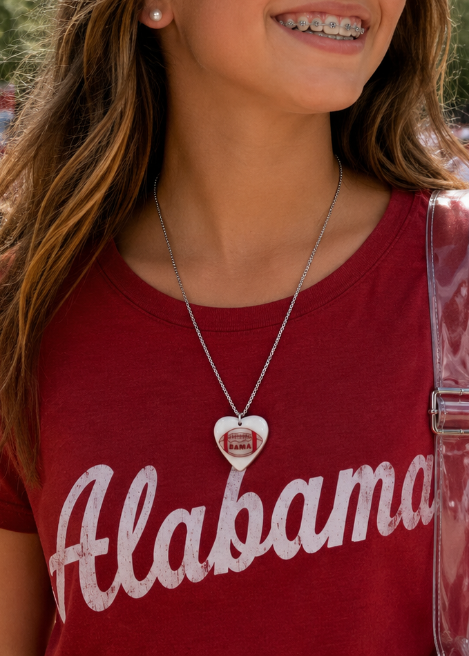 Hand-Painted Alabama Football Heart Porcelain Necklace