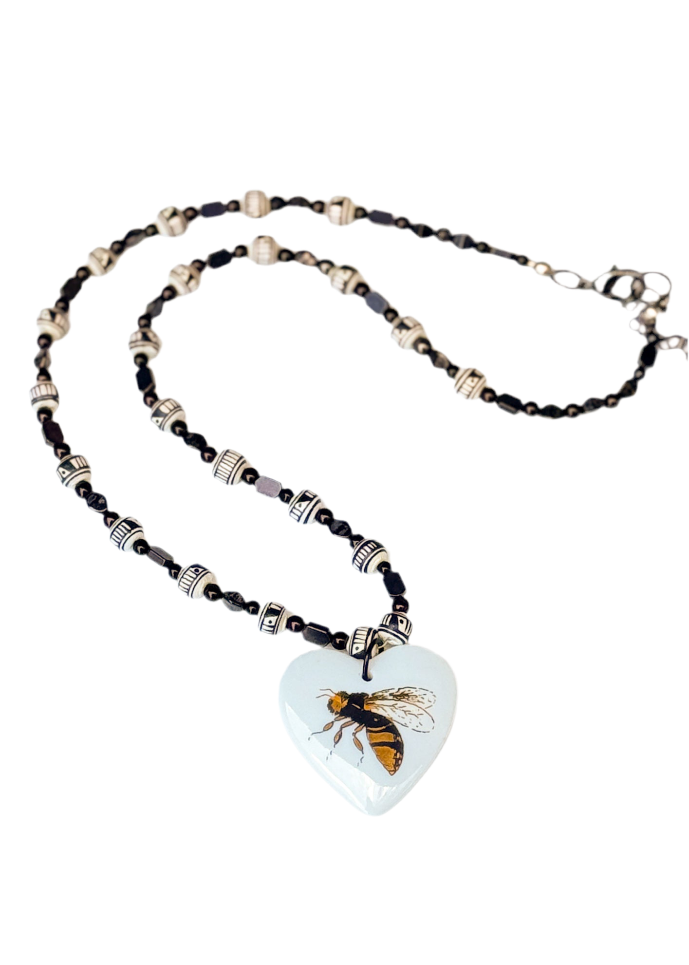 Bee Porcelain Pendant Beaded Necklace Nature Lover