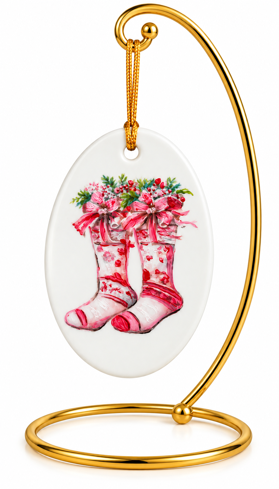 Title: Hand-Painted Pink Christmas Stockings Porcelain Ornament