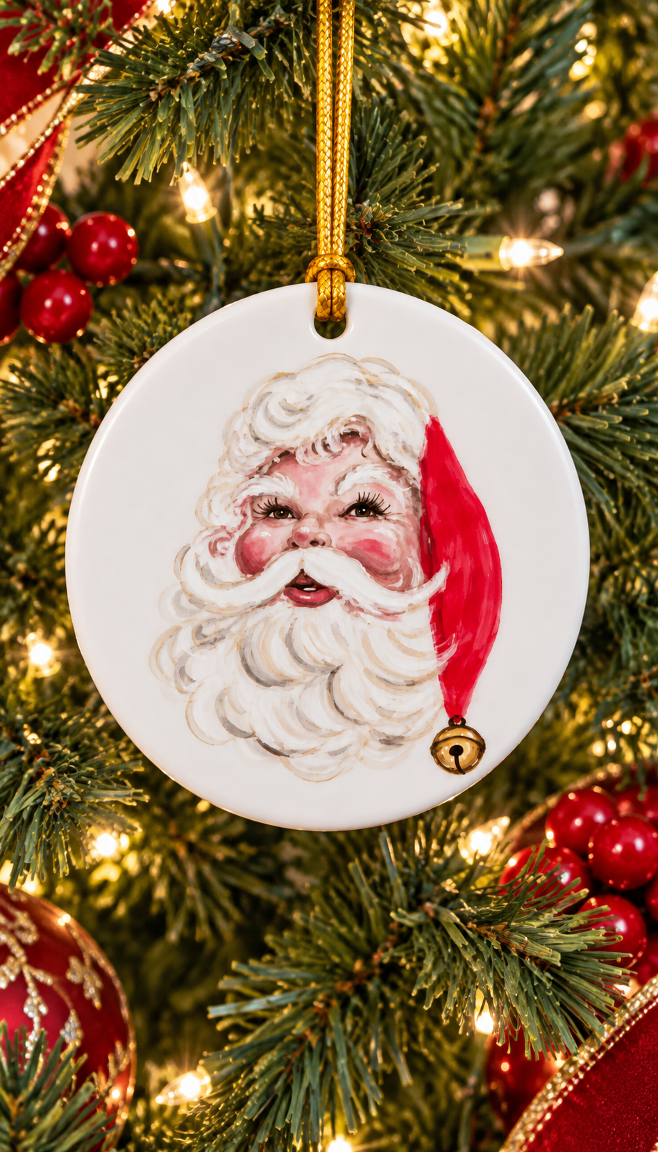 Hand-Painted Vintage Santa Porcelain Christmas Ornament