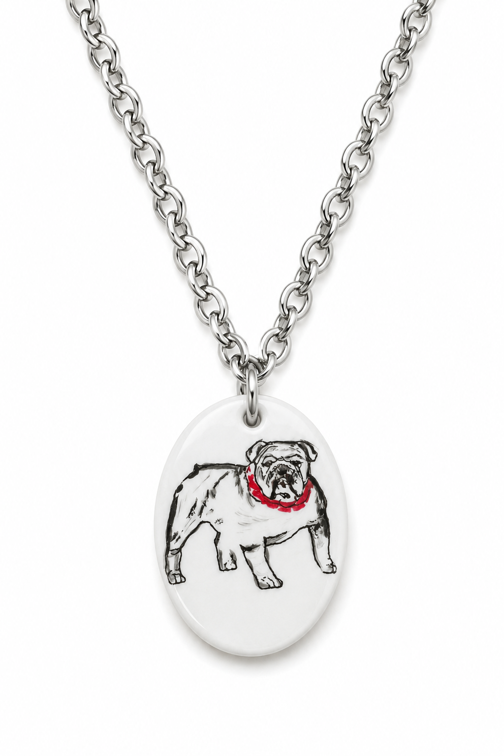 Hand-Painted Bulldog Porcelain Pendant Necklace on Silver Link Chain