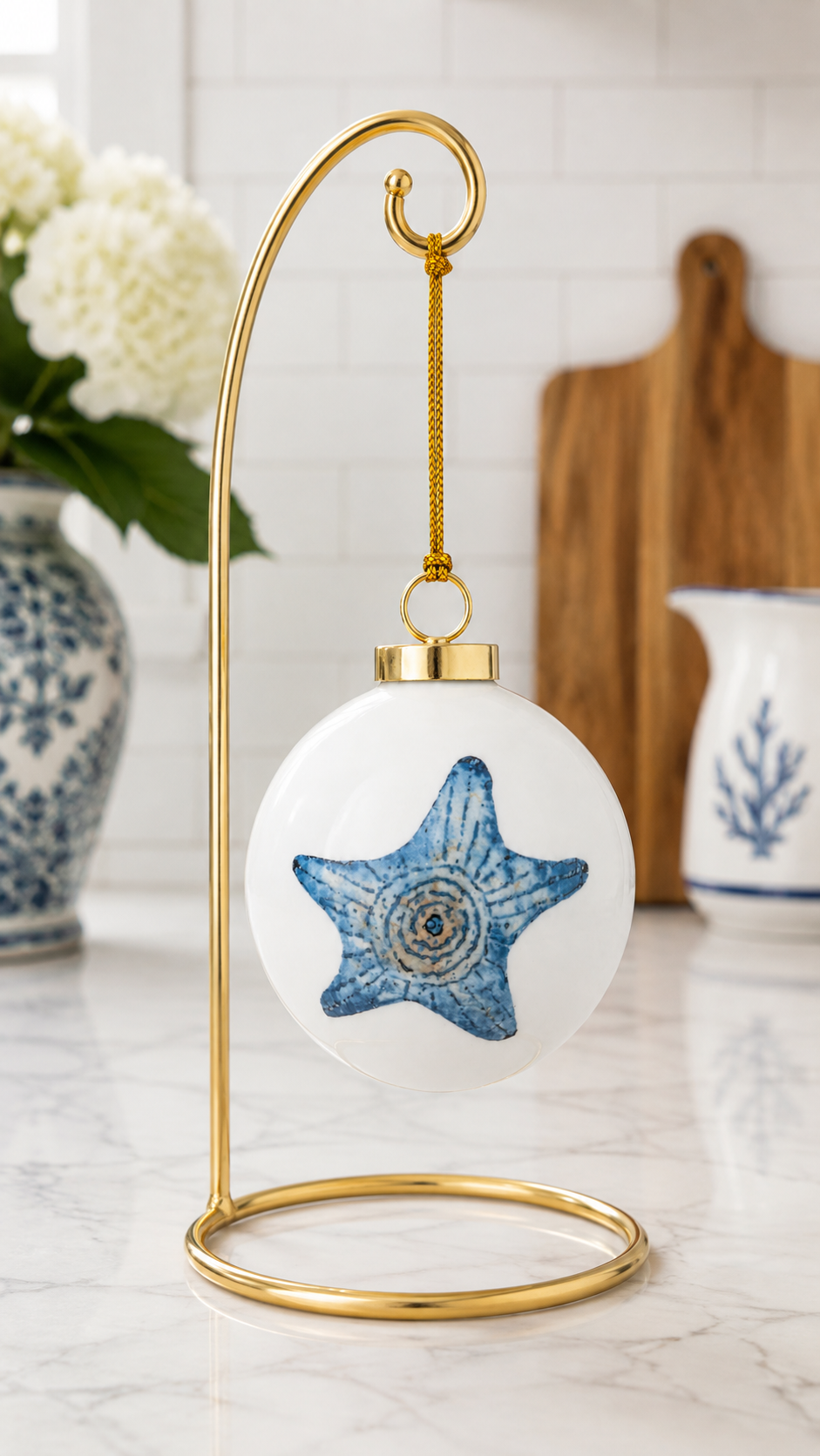 Hand-Painted Blue Starfish Porcelain Ornament