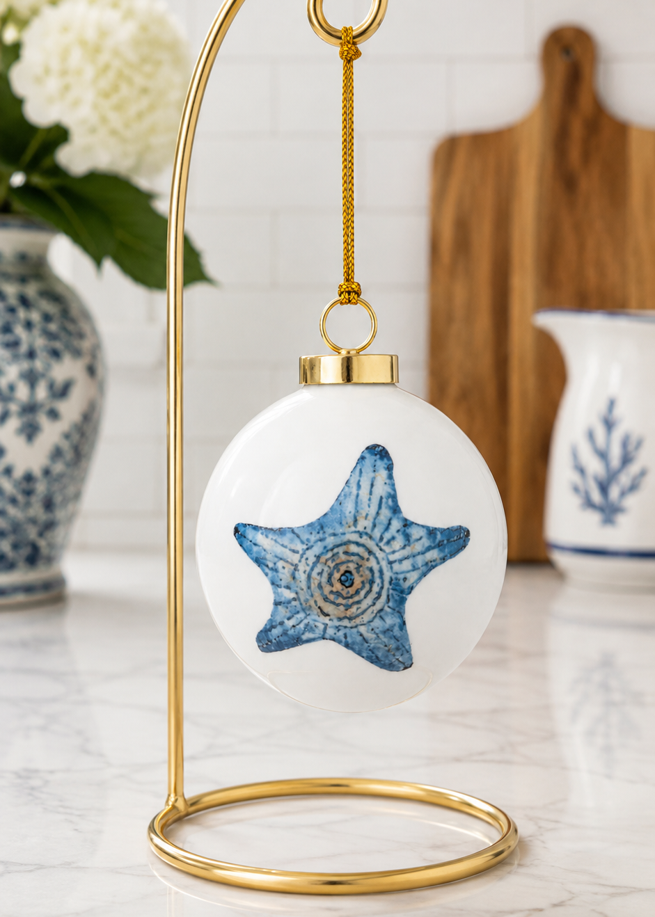 Hand-Painted Blue Starfish Porcelain Ornament