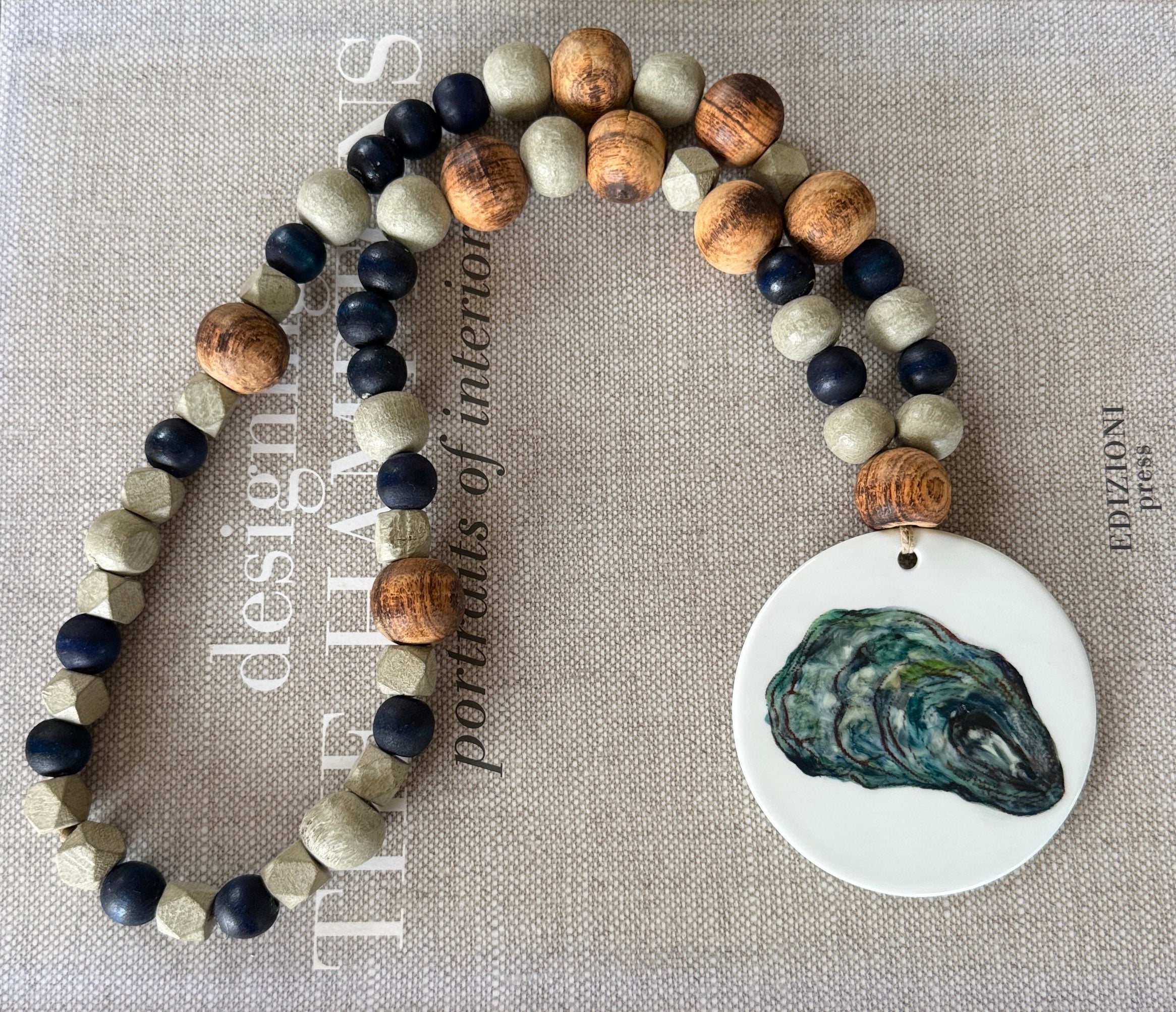 Hand Painted Oyster Shell on a Porcelain disk Beaded Tabletop Anchor