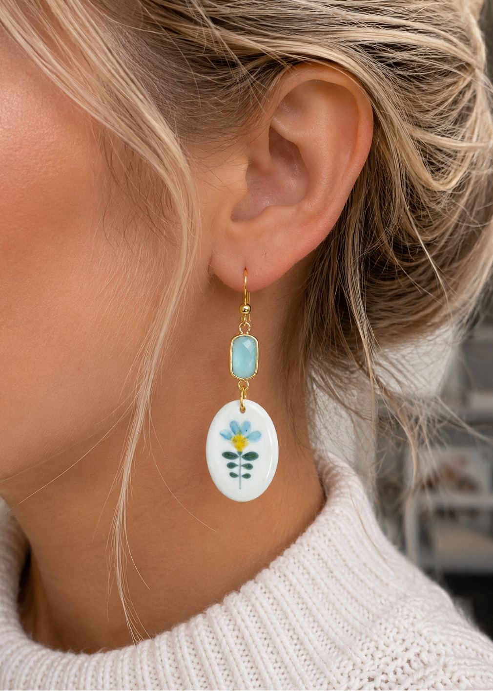 Blue Floral Porcelain Drop Earrings