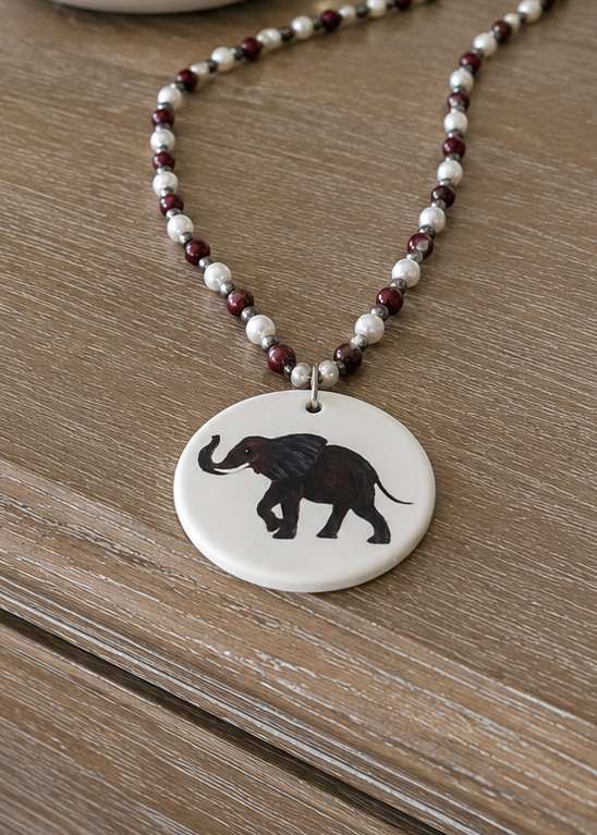 Hand-Painted Alabama Elephant Porcelain Necklace