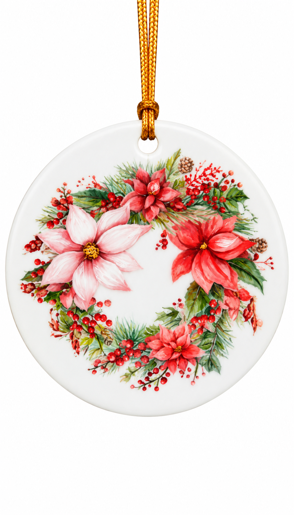 Hand-Painted Poinsettia Wreath Porcelain Christmas Ornament