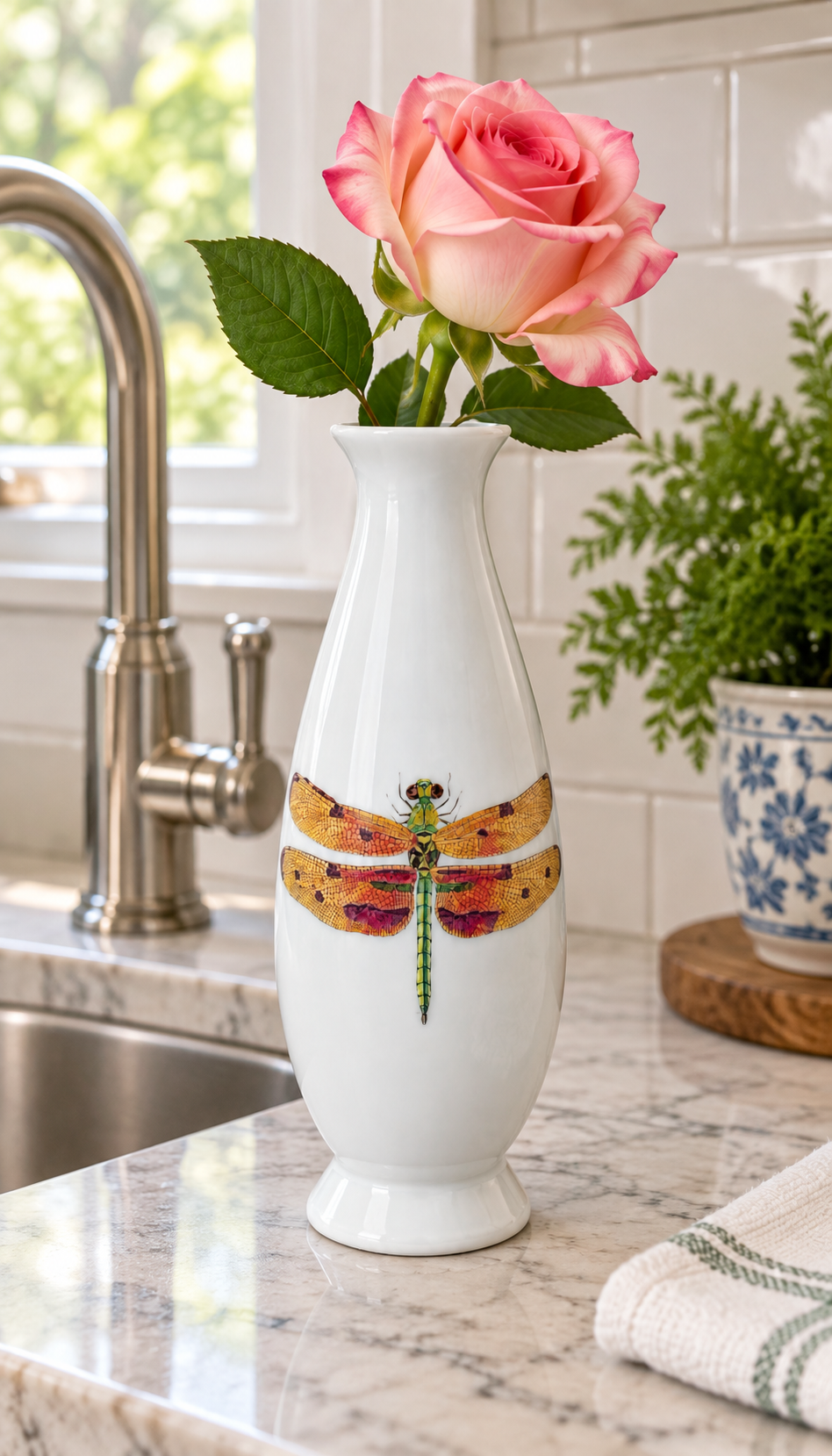 Hand-Painted Dragonfly Porcelain Bud Vase