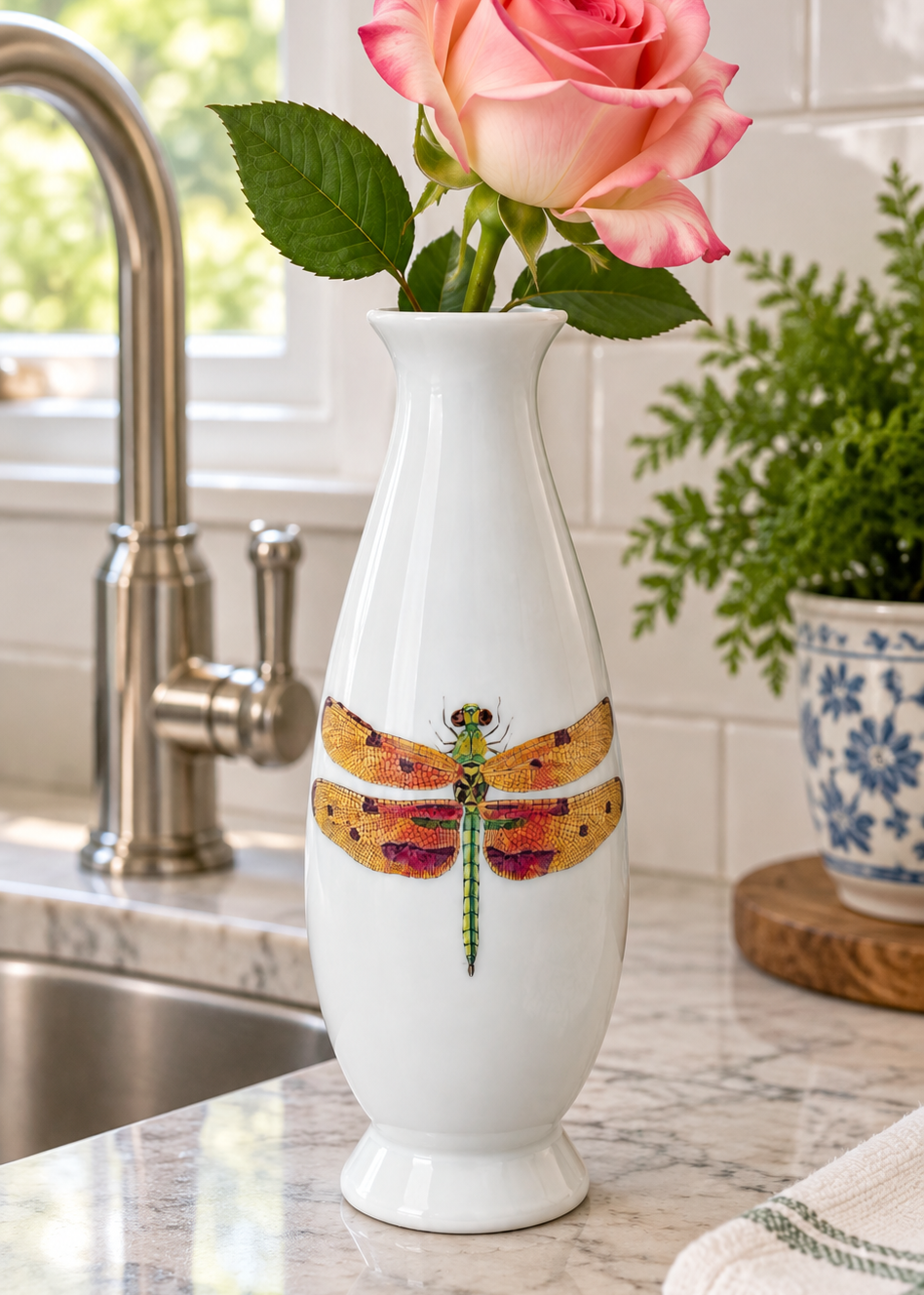 Hand-Painted Dragonfly Porcelain Bud Vase