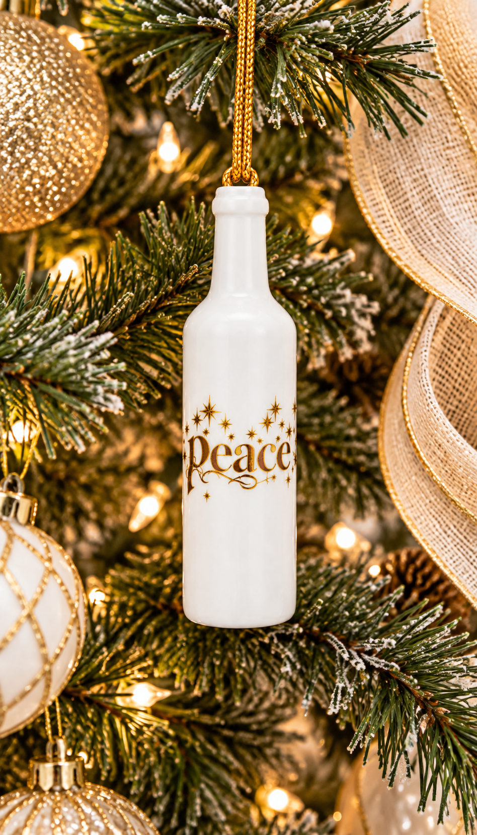 White Porcelain 3.25" Wine Bottle Ornament With The Word Peace Gold