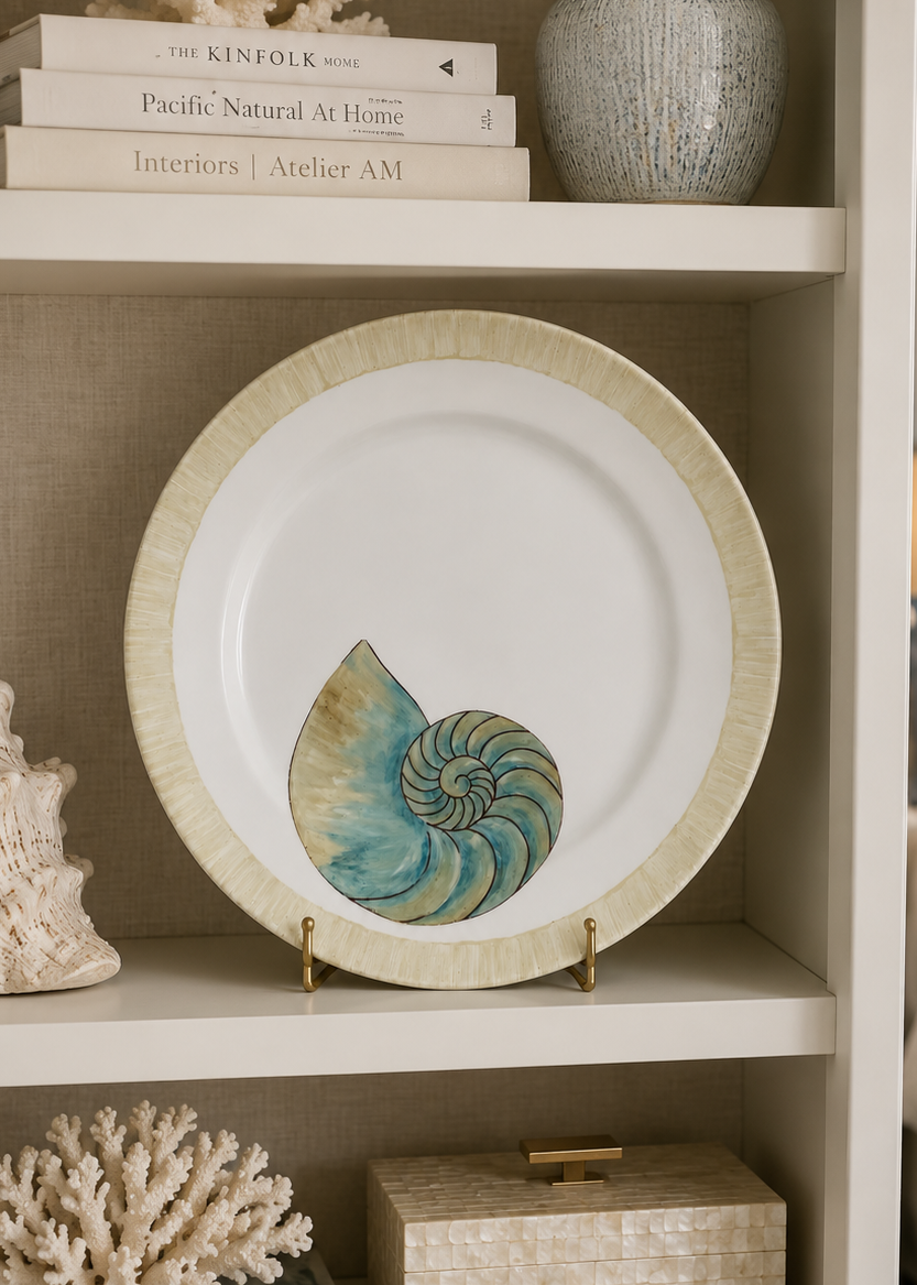 Hand-Painted Nautilus Shell Platter Styled in an Elegant Coastal Master Suite