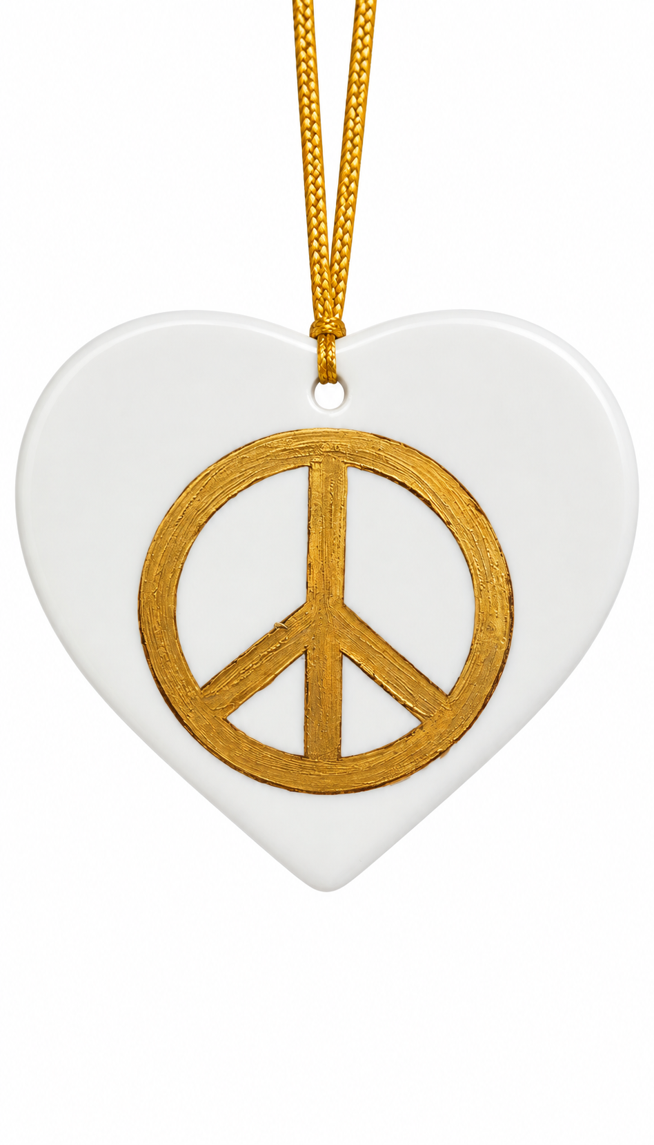 Hand-Painted Gold Peace Sign Porcelain Heart Ornament