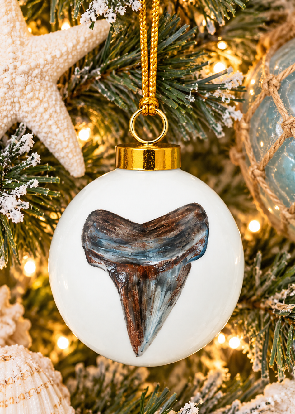 Hand-Painted Shark Tooth Porcelain Christmas Ornament