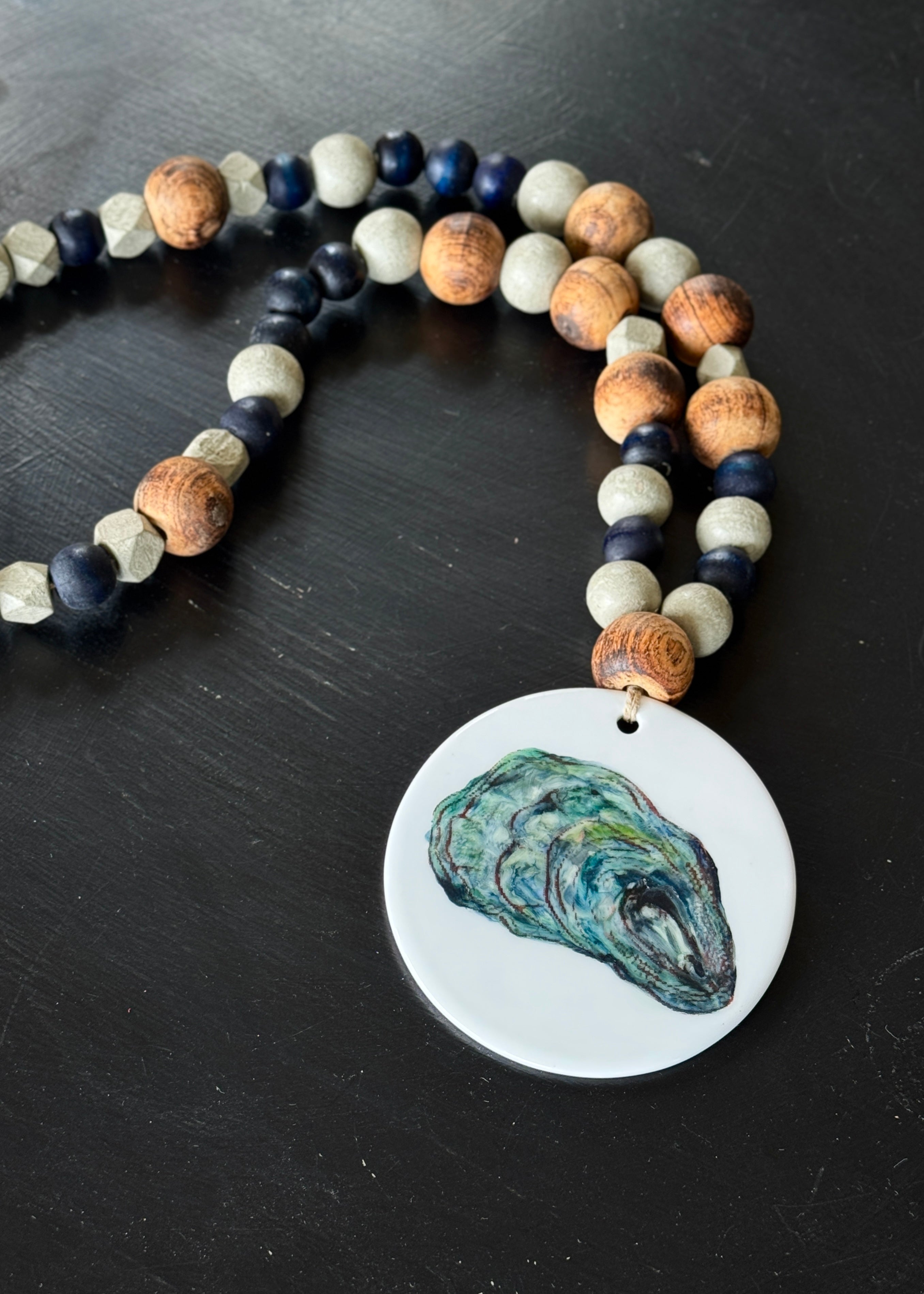 Hand Painted Oyster Shell on a Porcelain disk Beaded Tabletop Anchor