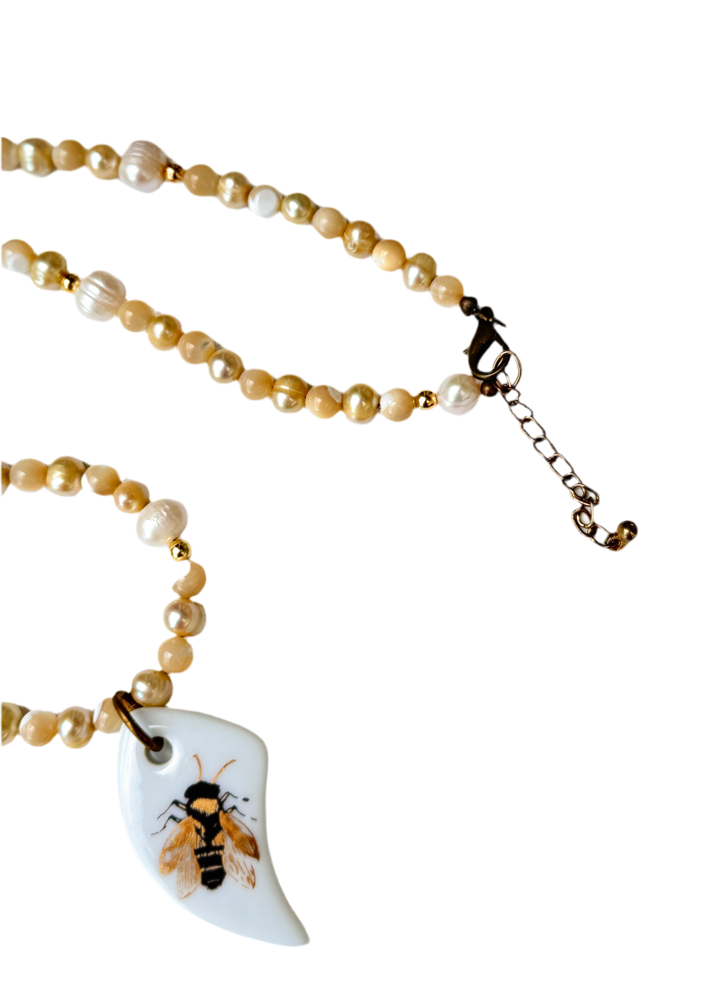 Bee Porcelain Pendant Pearl Beaded Necklace