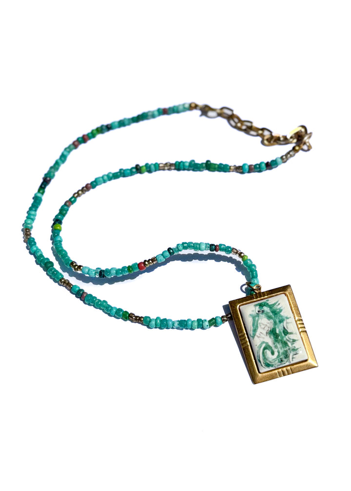 Green Seahorse Pendent Beaded Necklace Coastal Jewelry