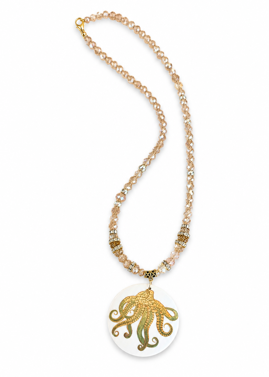 Hand Painted Coastal Gold Octopus Sea Life Porcelain Pendent Necklace