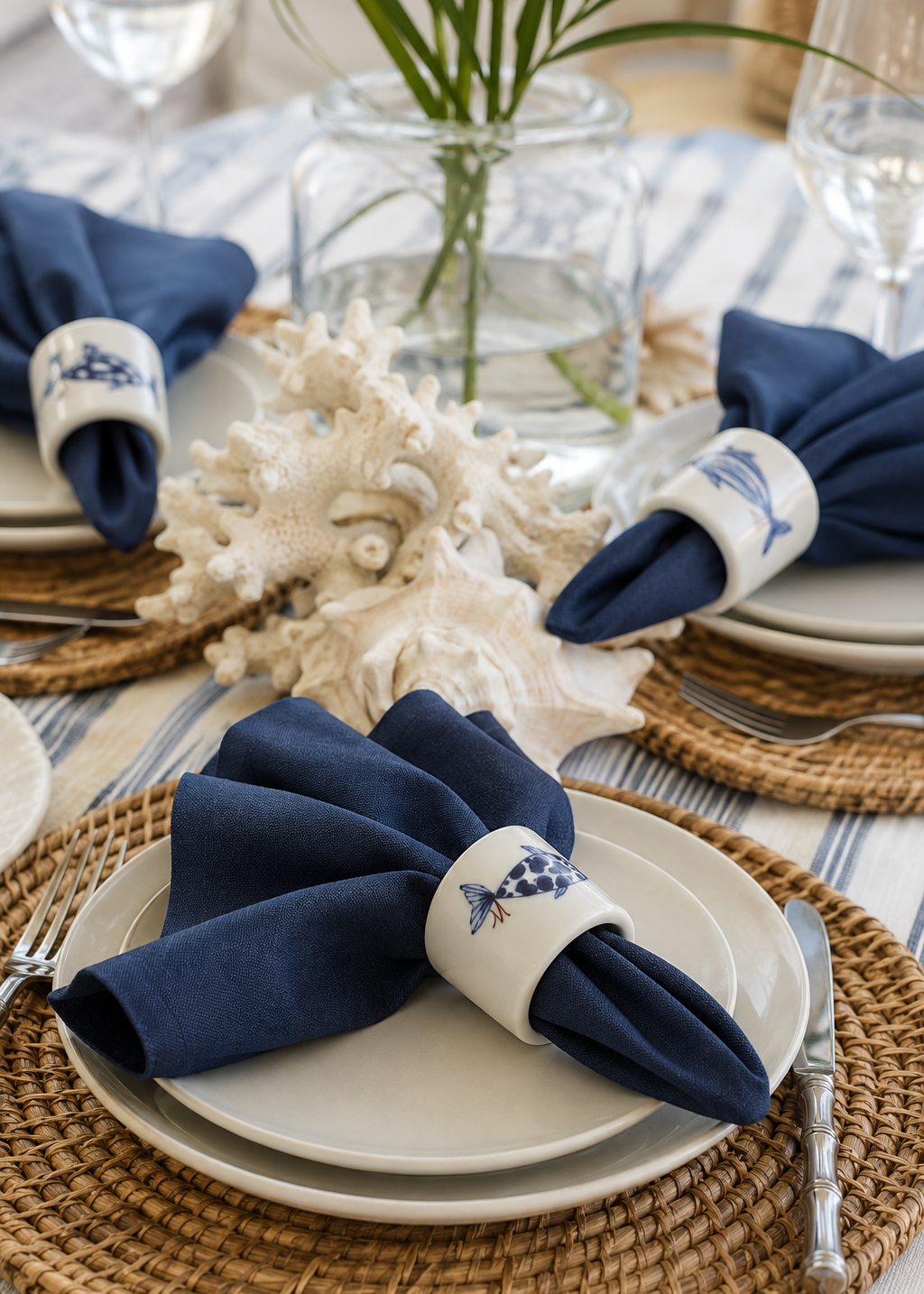 Hand-Painted Porcelain Coastal Fish Napkin Rings – Set of 4