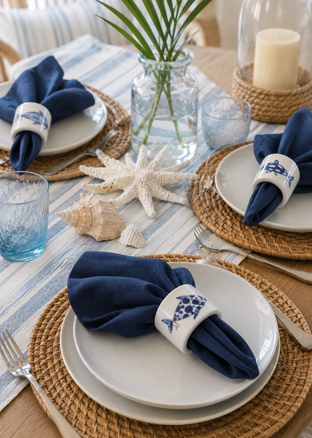Hand-Painted Porcelain Coastal Fish Napkin Rings – Set of 4