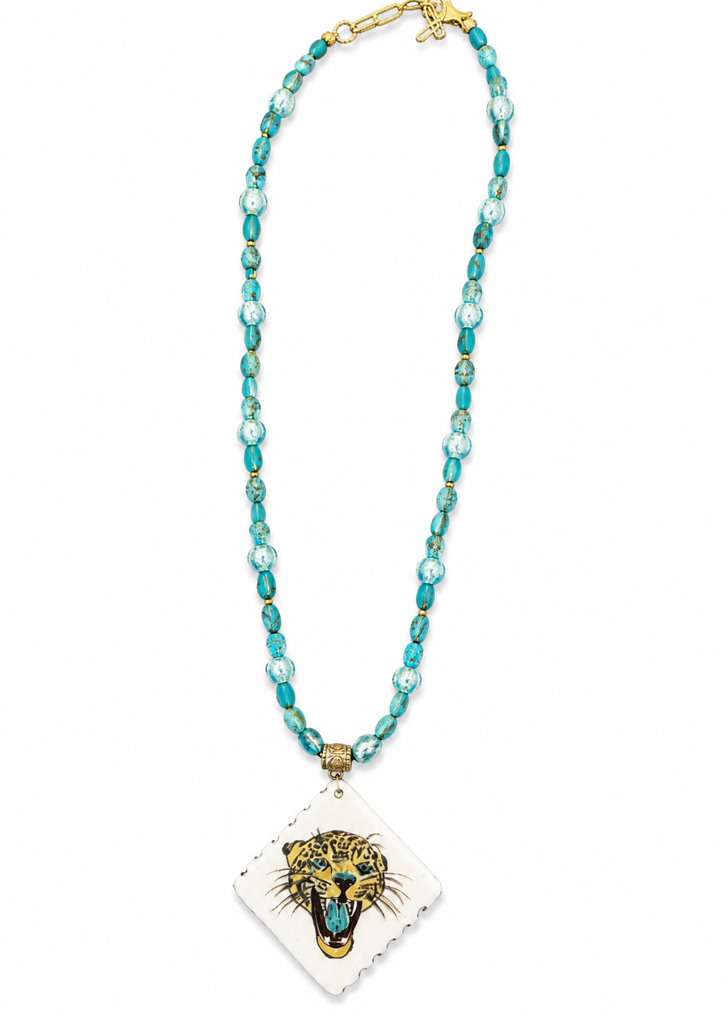 Hand-Painted Teal Beaded Jaguar Football Season Porcelain Pendant Necklace