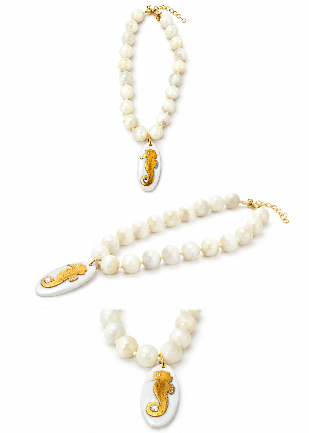 Coastal Gold Shrimp Porcelain Bold Beaded Pendant Necklace