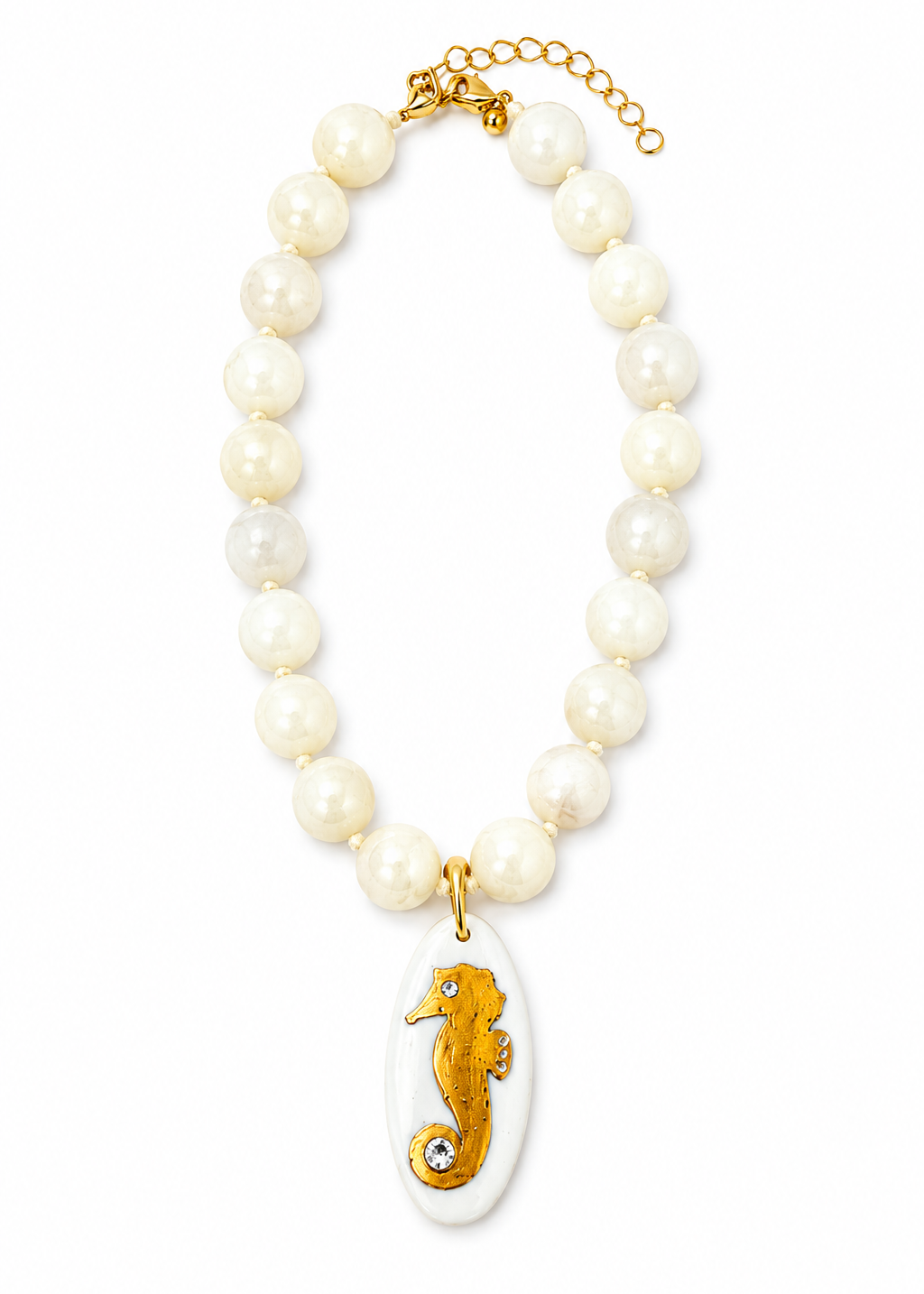 Coastal Gold Shrimp Porcelain Bold Beaded Pendant Necklace