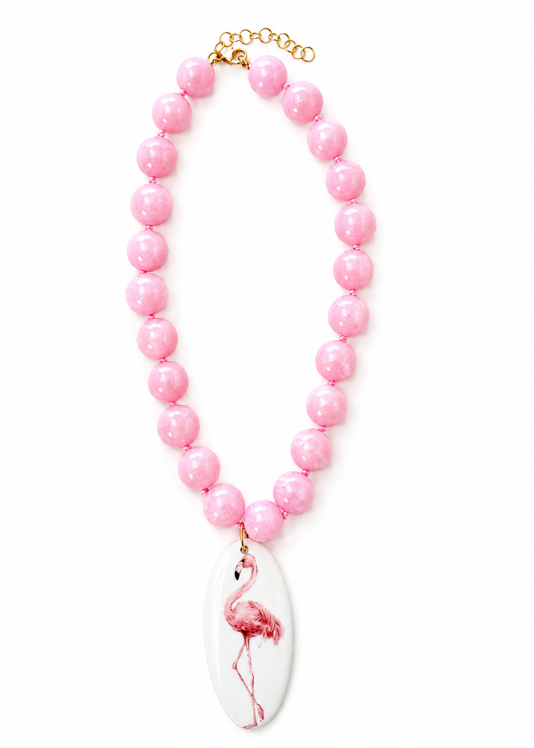 Coastal Pink Flamingo Porcelain Bold Beaded Pendant Necklace