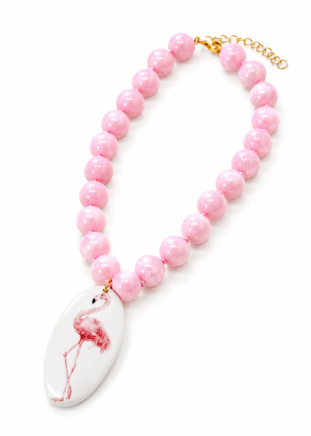 Coastal Pink Flamingo Porcelain Bold Beaded Pendant Necklace