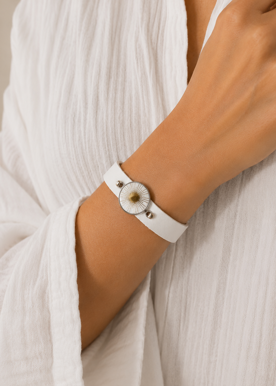 Gold Starburst Pendant White Leather Wrap Bracelet